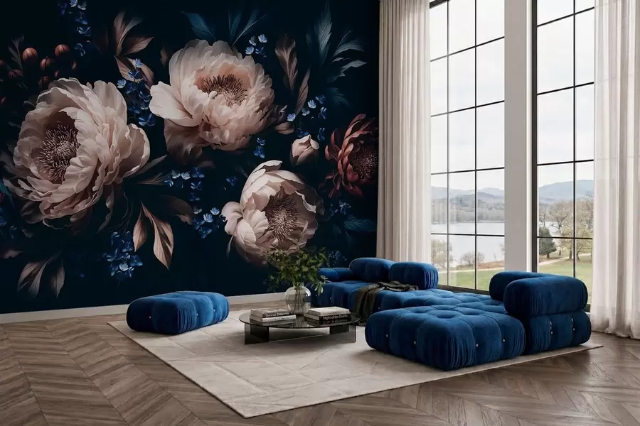 murais de parede Composição floral escura com flores e folhas grandes w05533