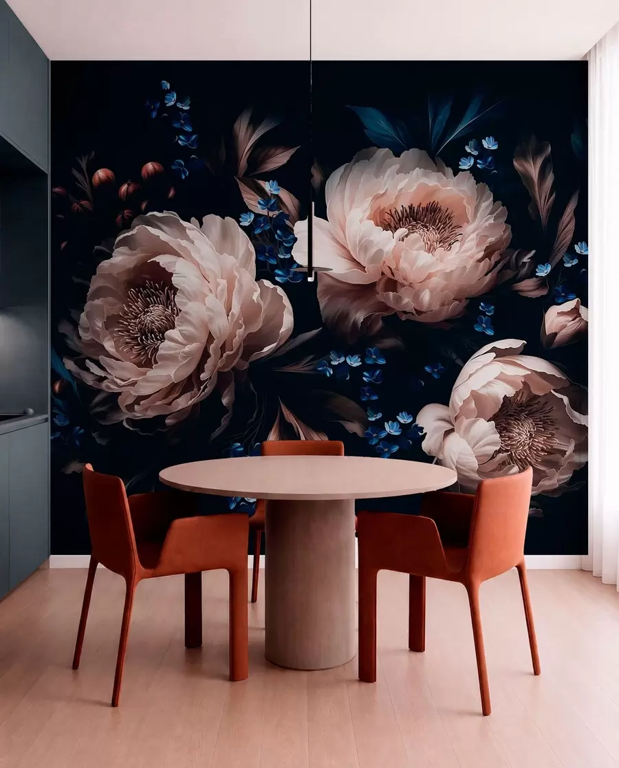 murais de parede Composição floral escura com flores e folhas grandes w05533