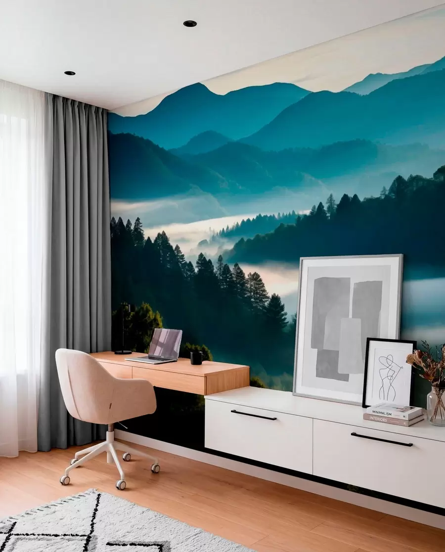 murais de parede Paisagem montanhosa com neblina e florestas ao amanhecer w05573