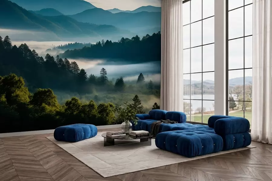 murais de parede Paisagem montanhosa com neblina e florestas ao amanhecer w05573