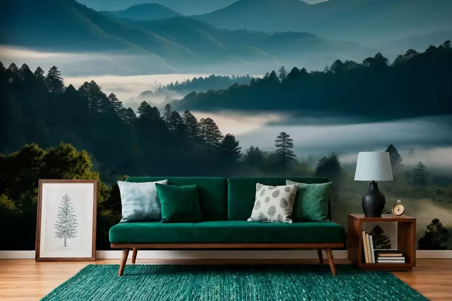 murais de parede Paisagem montanhosa com neblina e florestas ao amanhecer w05573