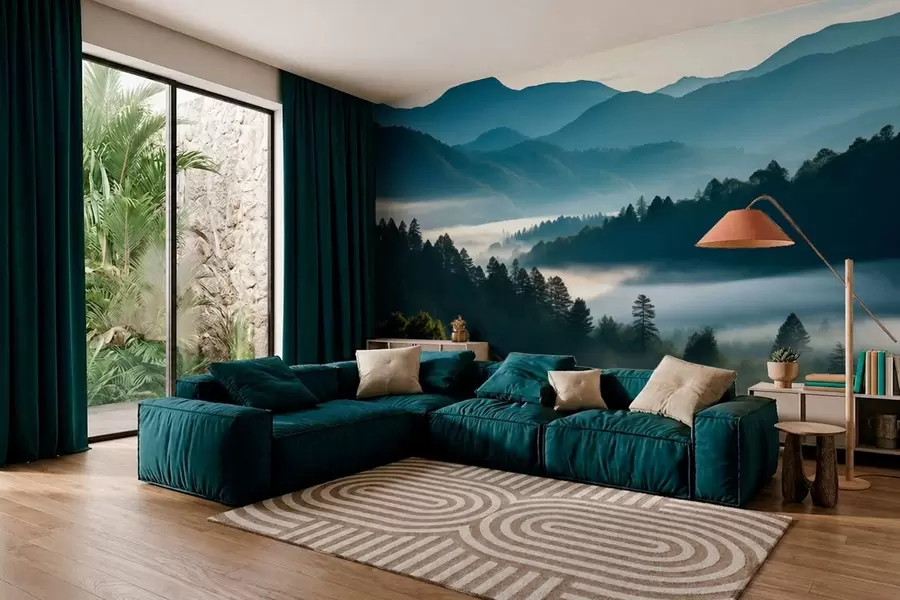 murais de parede Paisagem montanhosa com neblina e florestas ao amanhecer w05573