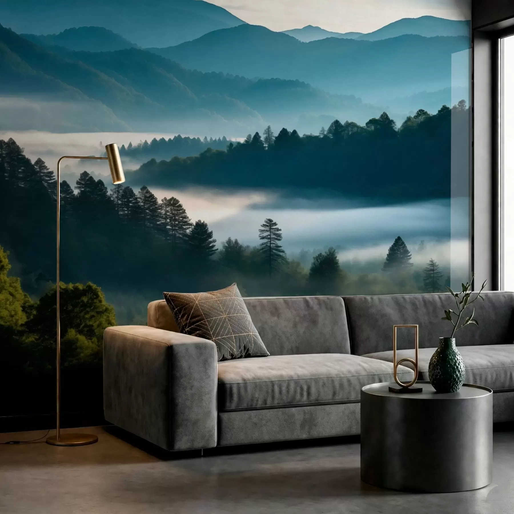 murais de parede Paisagem montanhosa com neblina e florestas ao amanhecer w05573