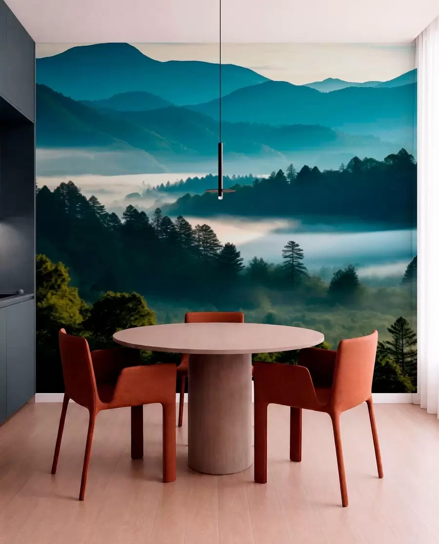 murais de parede Paisagem montanhosa com neblina e florestas ao amanhecer w05573
