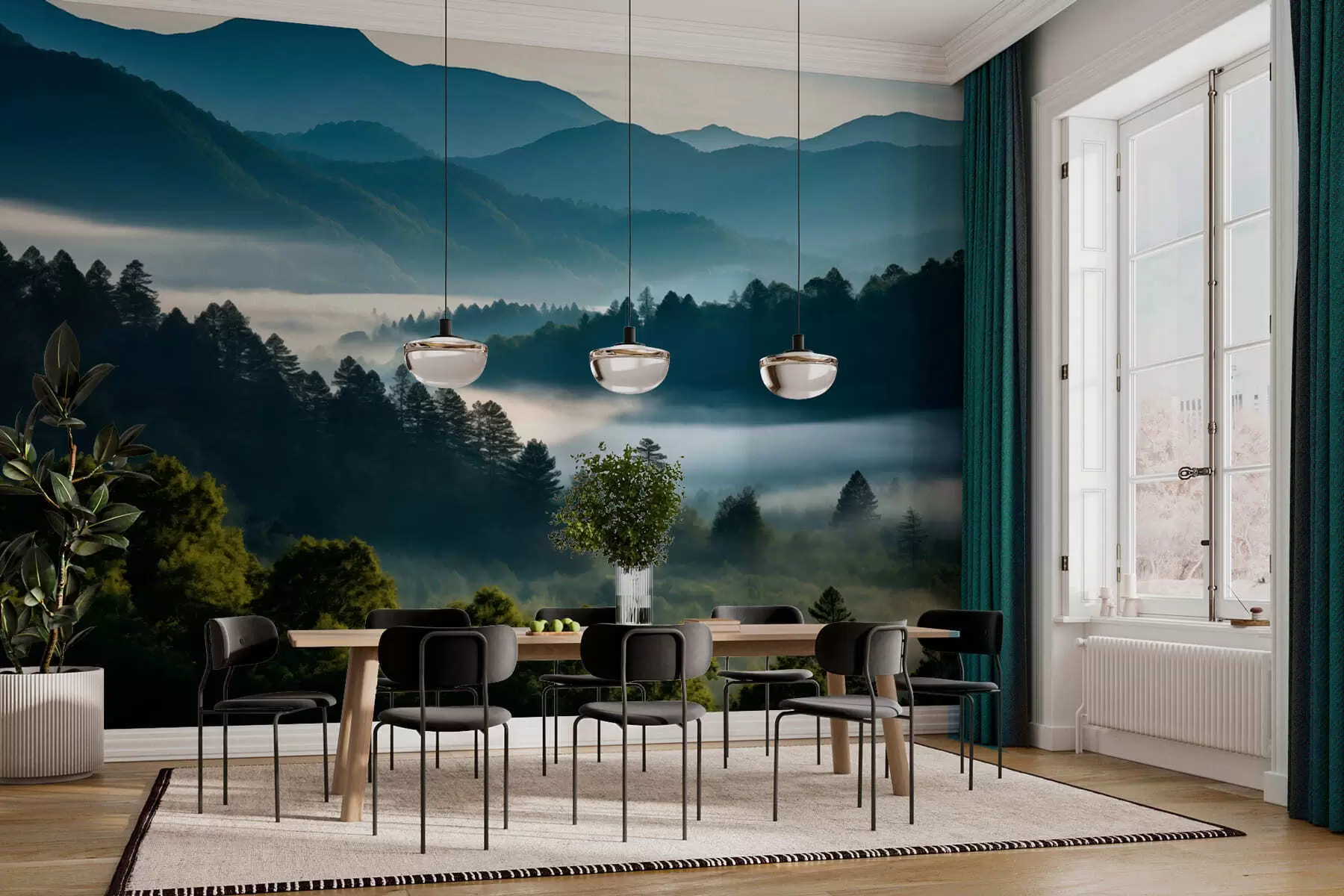 murais de parede Paisagem montanhosa com neblina e florestas ao amanhecer w05573