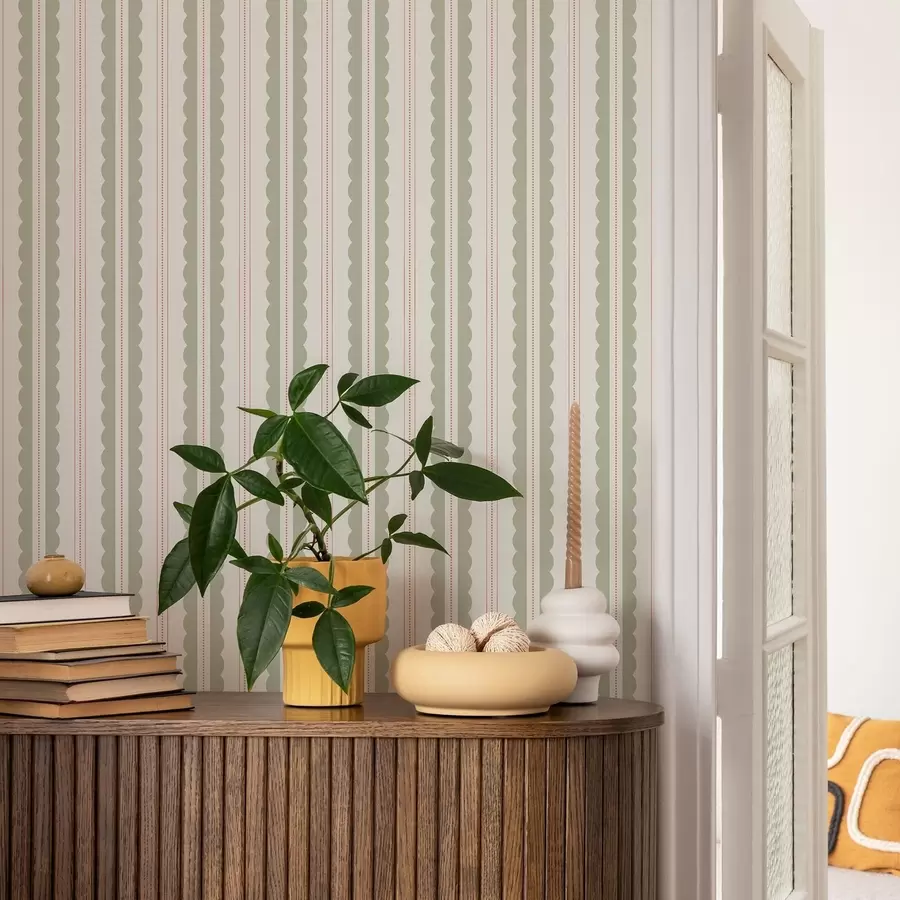 murais de parede Riscas onduladas verde-claro com pontos laranja a01185v3