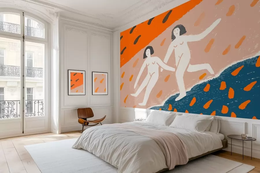 murais de parede arte contemporânea: duas mulheres a correr ao longo da costa w05564
