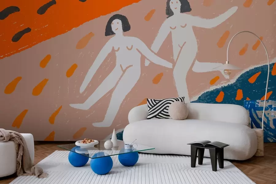 murais de parede arte contemporânea: duas mulheres a correr ao longo da costa w05564