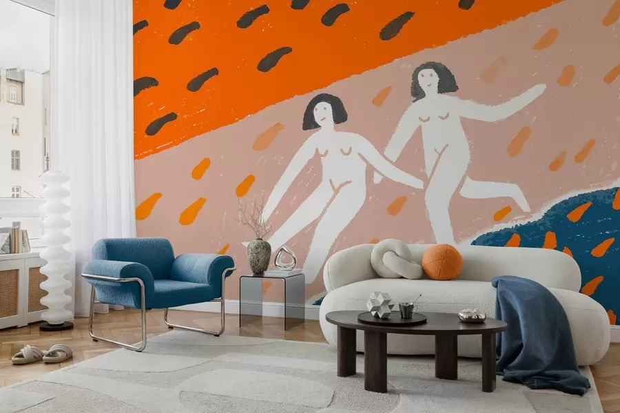 murais de parede arte contemporânea: duas mulheres a correr ao longo da costa w05564