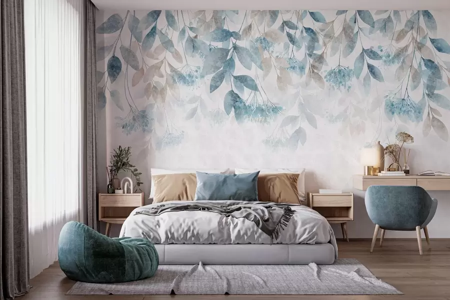 murais de parede folhas texturadas e em cascata com flores em tons de turquesa e bege w05565
