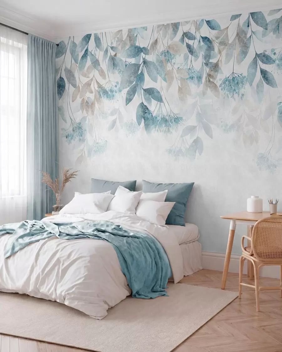 murais de parede folhas texturadas e em cascata com flores em tons de turquesa e bege w05565