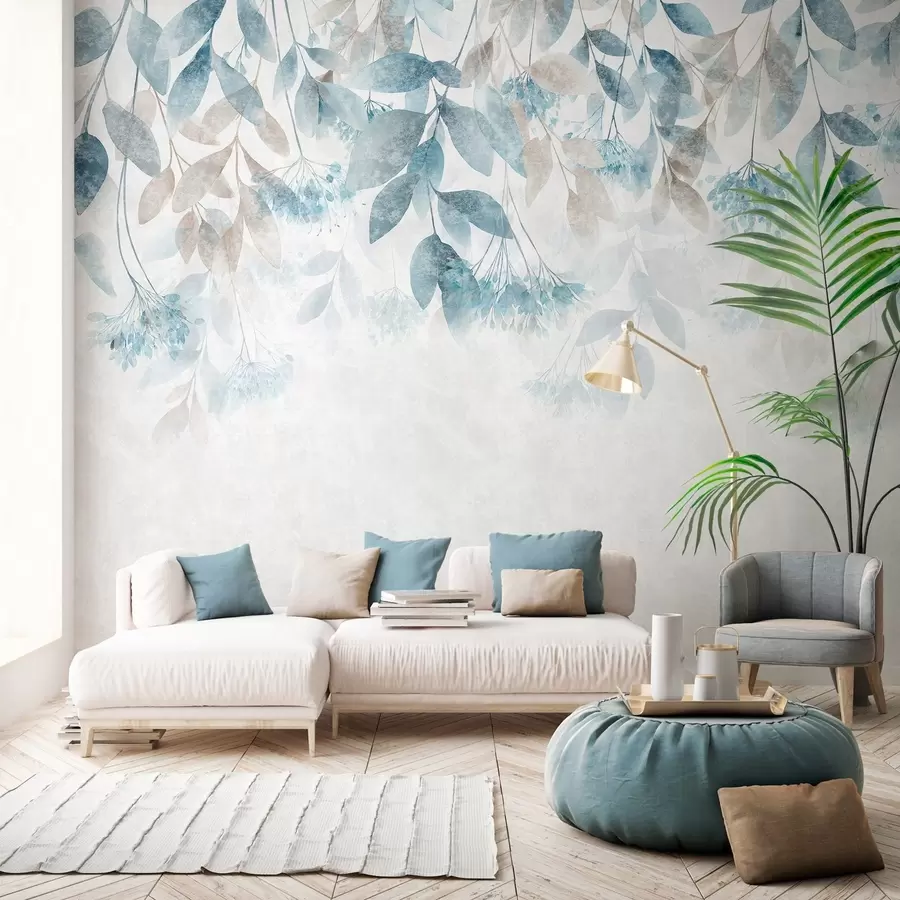 murais de parede folhas texturadas e em cascata com flores em tons de turquesa e bege w05565