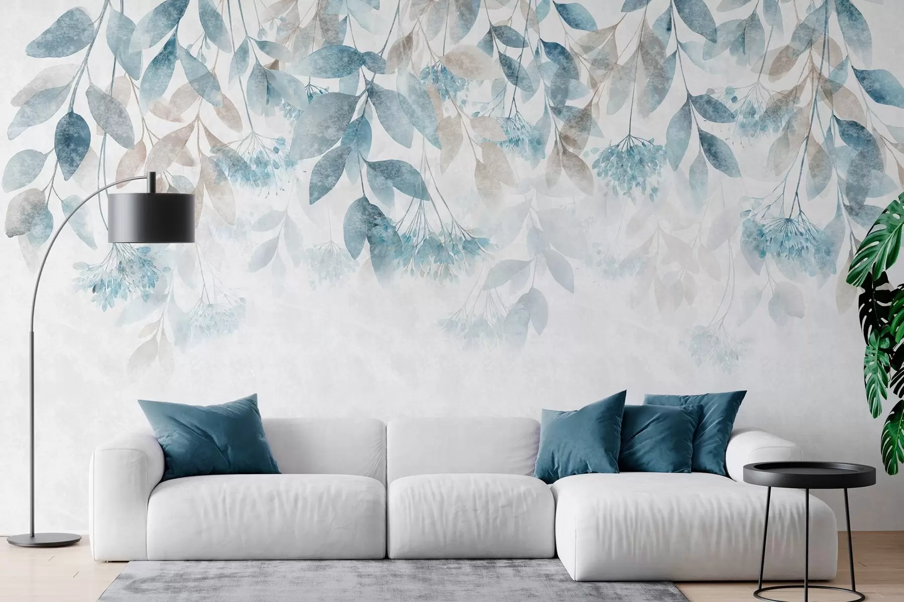 murais de parede folhas texturadas e em cascata com flores em tons de turquesa e bege w05565