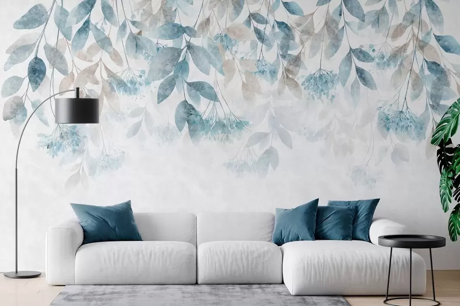 murais de parede folhas texturadas e em cascata com flores em tons de turquesa e bege w05565