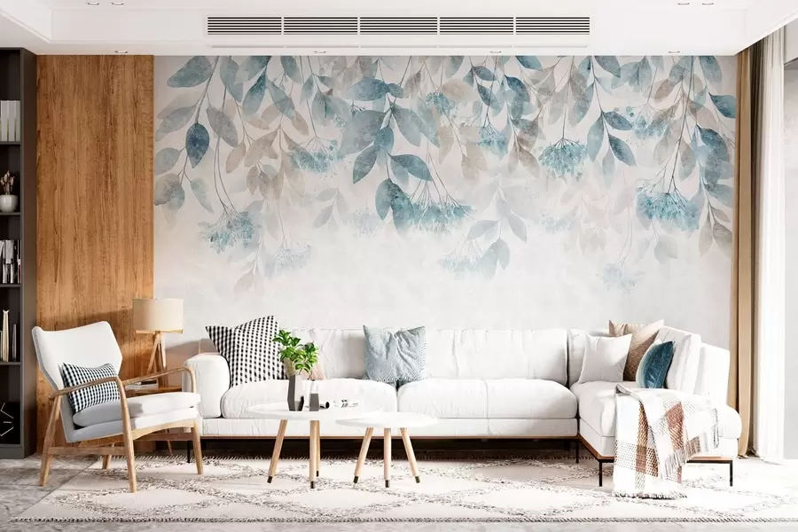 murais de parede folhas texturadas e em cascata com flores em tons de turquesa e bege w05565