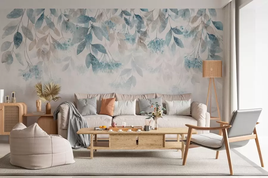 murais de parede folhas texturadas e em cascata com flores em tons de turquesa e bege w05565