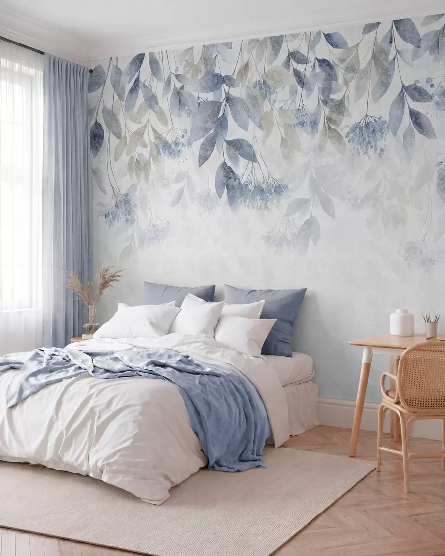 murais de parede folhas texturadas e em cascata com flores em tons de azul e bege w05565v1