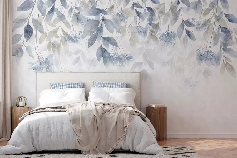 murais de parede folhas texturadas e em cascata com flores em tons de azul e bege w05565v1