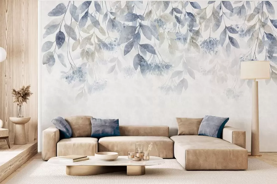 murais de parede folhas texturadas e em cascata com flores em tons de azul e bege w05565v1