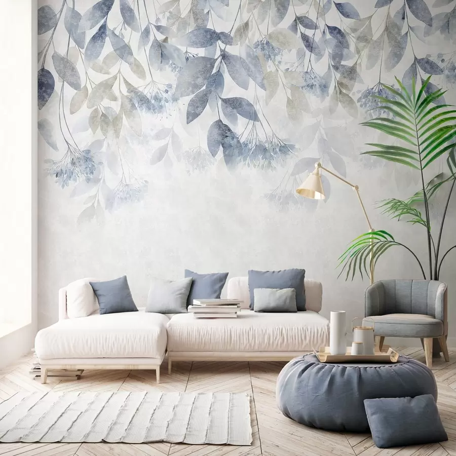 murais de parede folhas texturadas e em cascata com flores em tons de azul e bege w05565v1