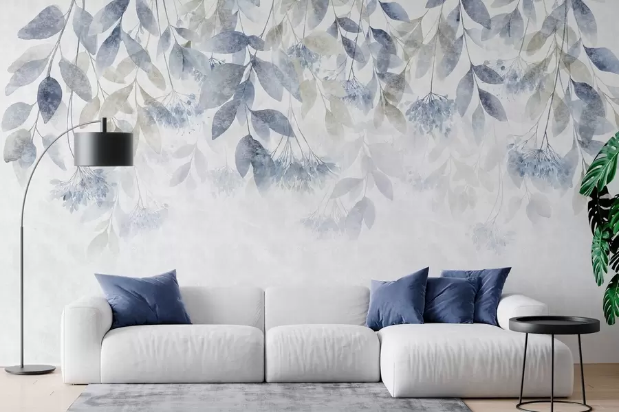 murais de parede folhas texturadas e em cascata com flores em tons de azul e bege w05565v1