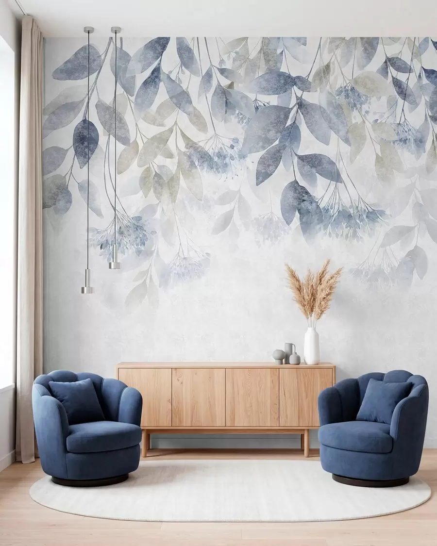 murais de parede folhas texturadas e em cascata com flores em tons de azul e bege w05565v1