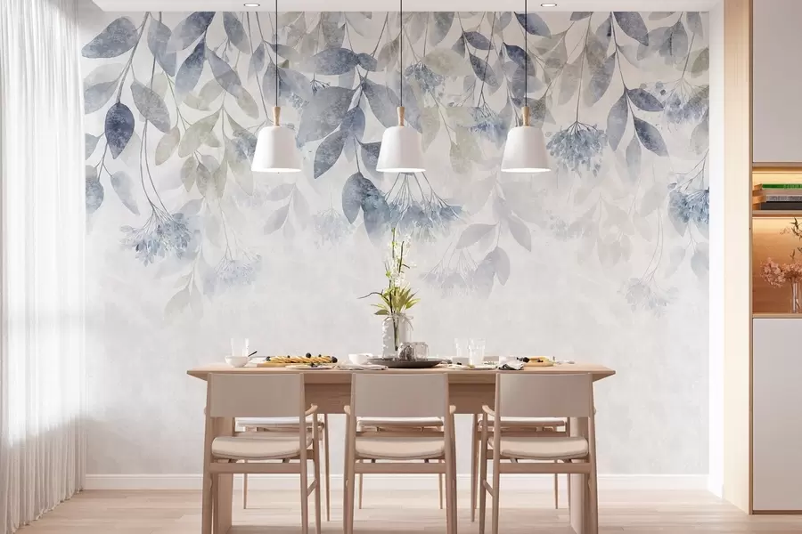 murais de parede folhas texturadas e em cascata com flores em tons de azul e bege w05565v1