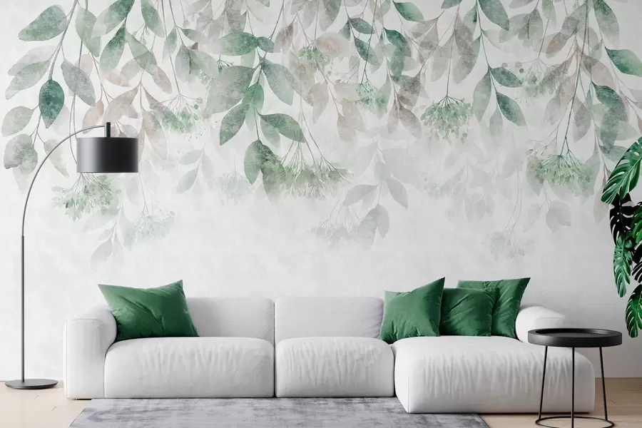 murais de parede folhas texturadas e em cascata com flores em tons de verde e bege w05565v2