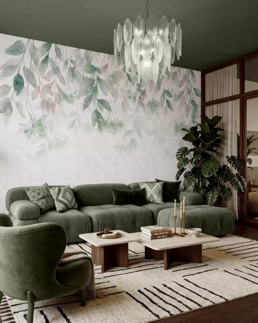 murais de parede folhas texturadas e em cascata com flores em tons de verde e bege w05565v2