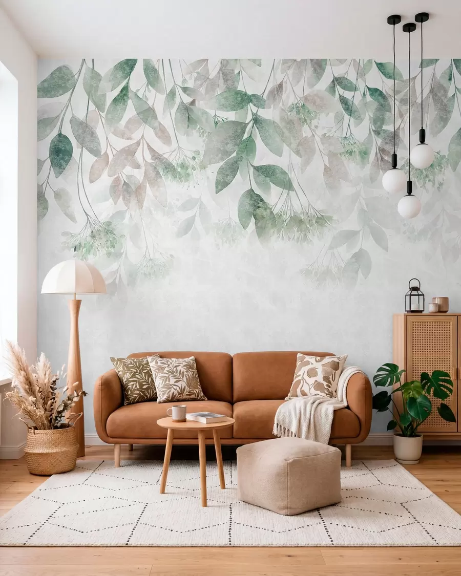 murais de parede folhas texturadas e em cascata com flores em tons de verde e bege w05565v2
