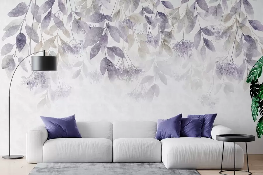 murais de parede folhas texturadas e em cascata com flores em tons de roxo e bege w05565v3