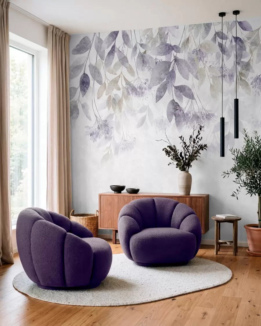 murais de parede folhas texturadas e em cascata com flores em tons de roxo e bege w05565v3