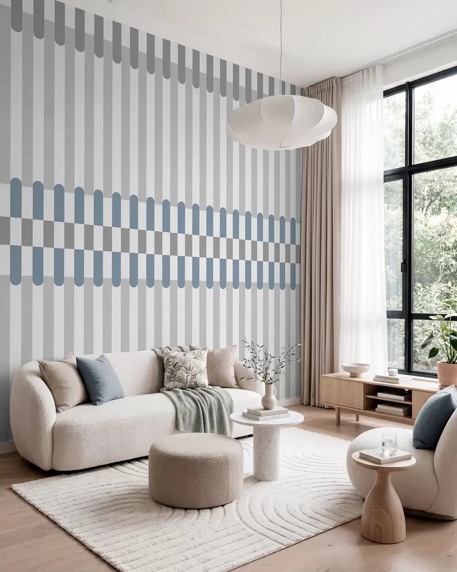 murais de parede Padrão às riscas em tons de cinzento e azul w05150v6