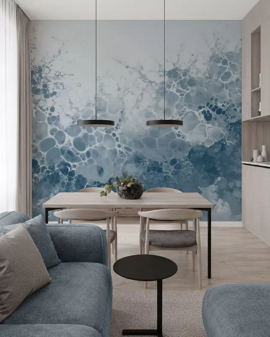 murais de parede Abstração azul etérea com bolhas, em estilo aquarela w09673