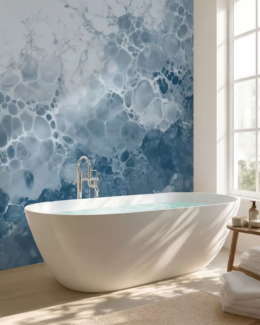 murais de parede Abstração azul etérea com bolhas, em estilo aquarela w09673