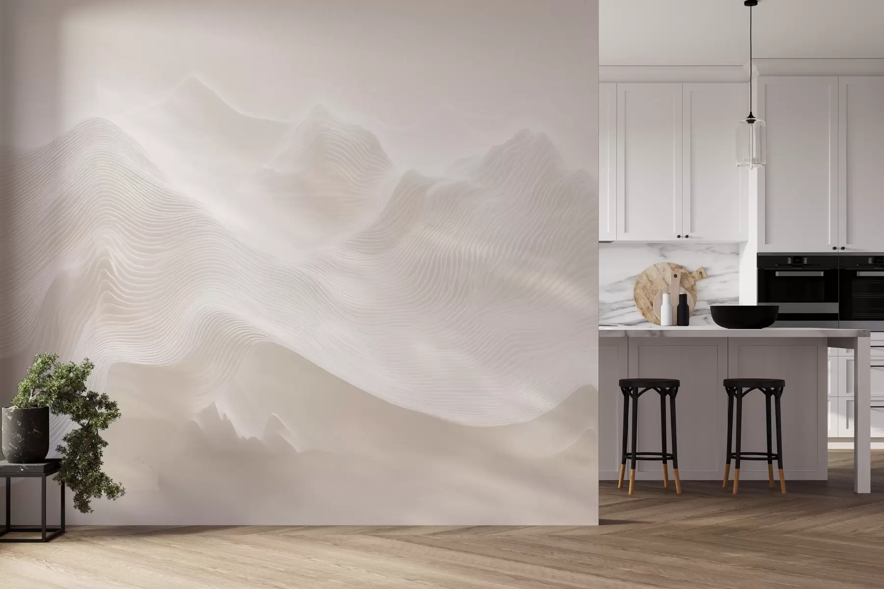 murais de parede Montanhas abstratas onduladas numa paleta de tons bege, em estilo minimalista w09713