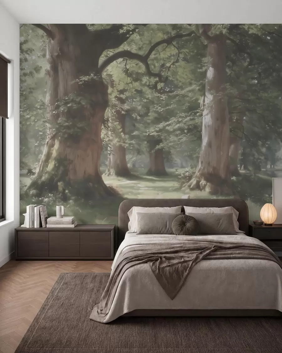 murais de parede Paisagem de uma floresta de conto de fadas numa suave paleta de tons verde-bege, em estilo pictórico w09845