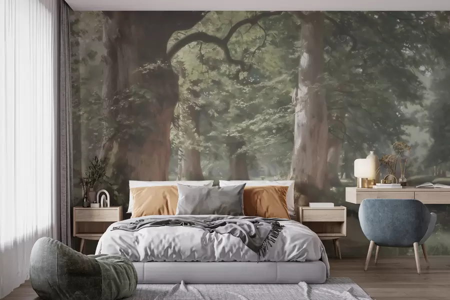 murais de parede Paisagem de uma floresta de conto de fadas numa suave paleta de tons verde-bege, em estilo pictórico w09845