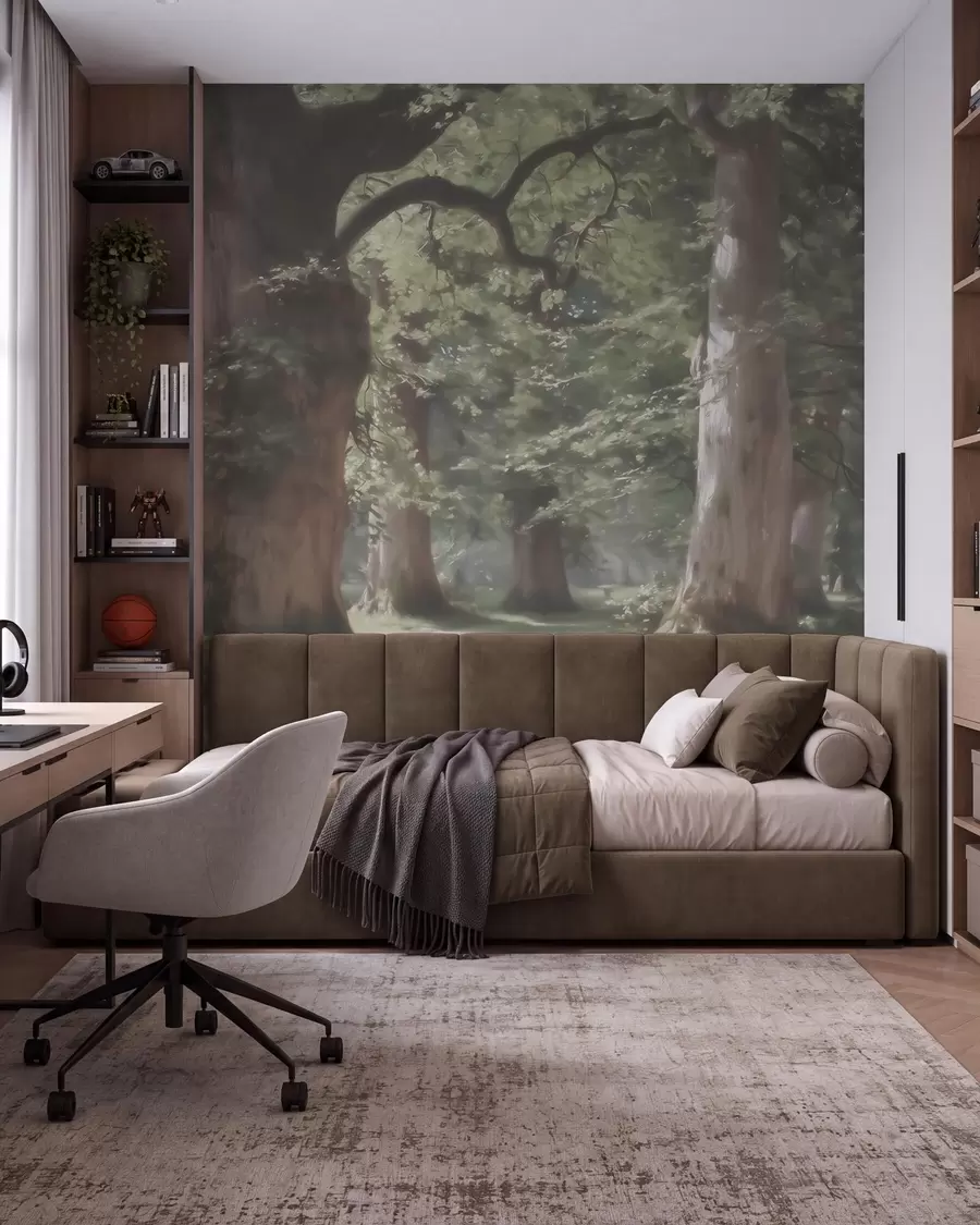 murais de parede Paisagem de uma floresta de conto de fadas numa suave paleta de tons verde-bege, em estilo pictórico w09845