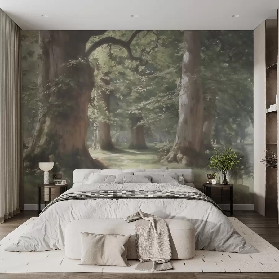 murais de parede Paisagem de uma floresta de conto de fadas numa suave paleta de tons verde-bege, em estilo pictórico w09845