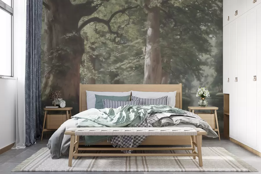 murais de parede Paisagem de uma floresta de conto de fadas numa suave paleta de tons verde-bege, em estilo pictórico w09845