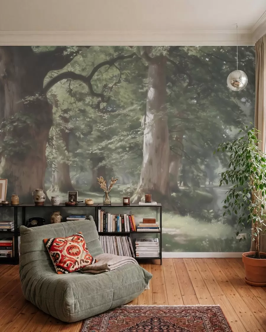 murais de parede Paisagem de uma floresta de conto de fadas numa suave paleta de tons verde-bege, em estilo pictórico w09845