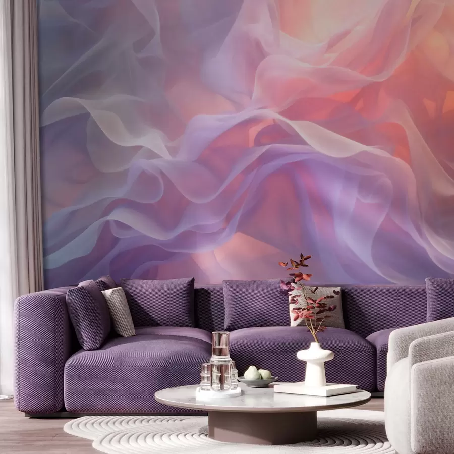 murais de parede Abstração etérea com ondas translúcidas numa paleta de tons rosa e lilás w09851