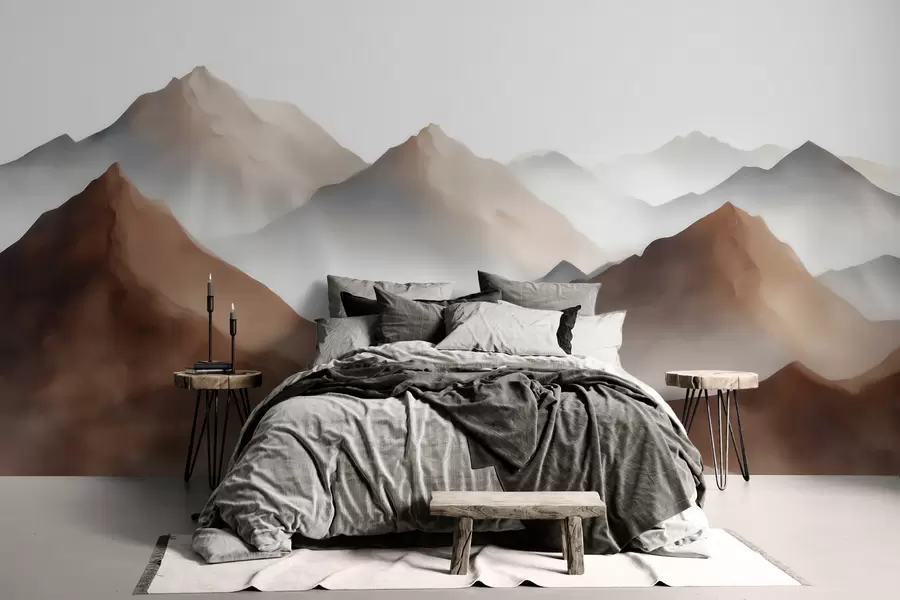 murais de parede Picos montanhosos enevoados numa paleta de tons bege e castanho, em estilo aquarela w09857
