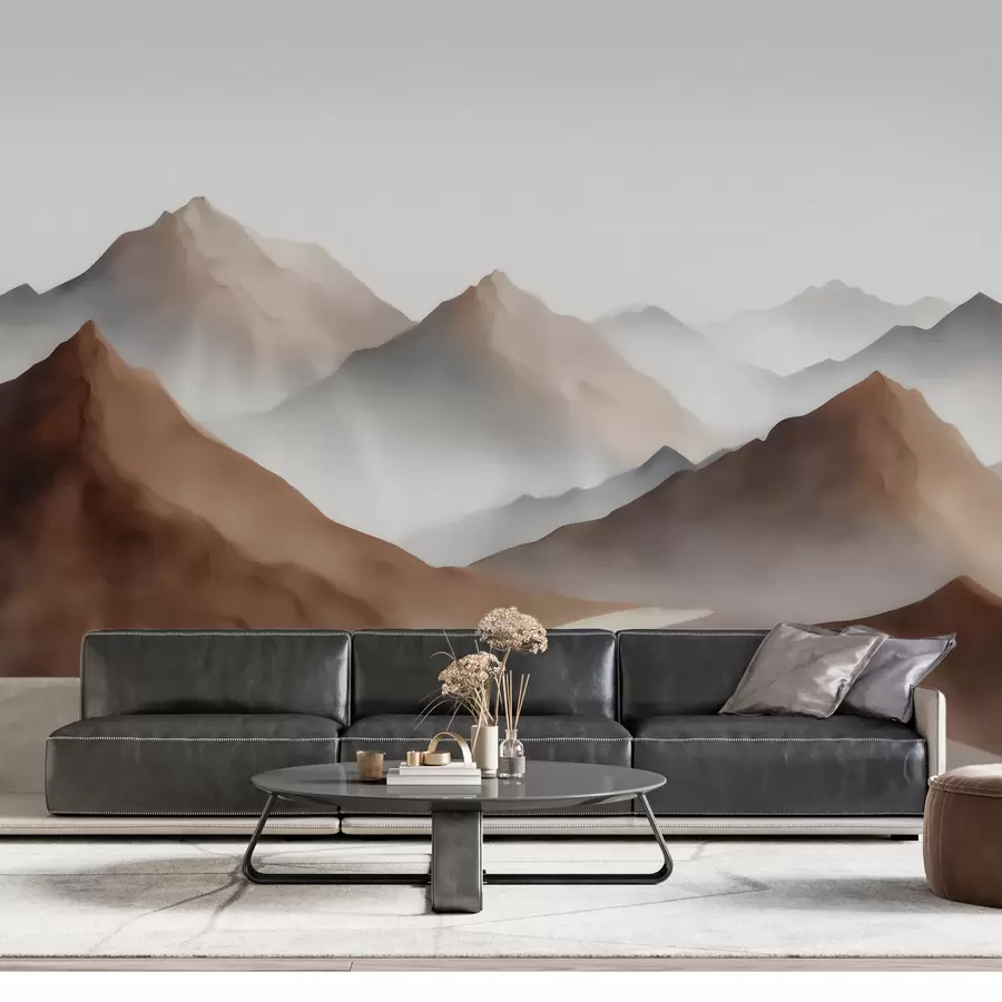murais de parede Picos montanhosos enevoados numa paleta de tons bege e castanho, em estilo aquarela w09857