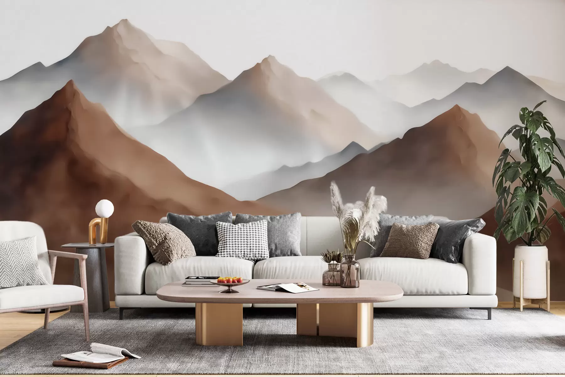 murais de parede Picos montanhosos enevoados numa paleta de tons bege e castanho, em estilo aquarela w09857