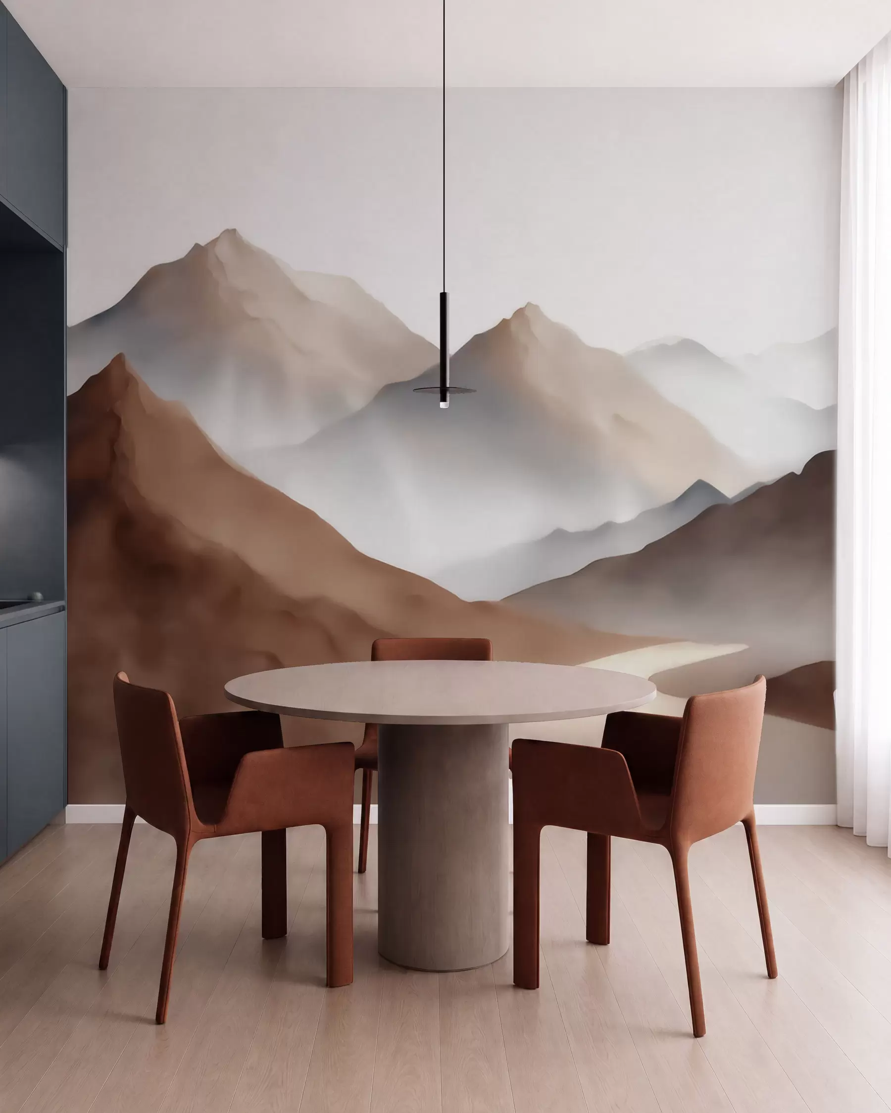 murais de parede Picos montanhosos enevoados numa paleta de tons bege e castanho, em estilo aquarela w09857