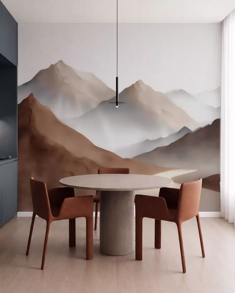 murais de parede Picos montanhosos enevoados numa paleta de tons bege e castanho, em estilo aquarela w09857