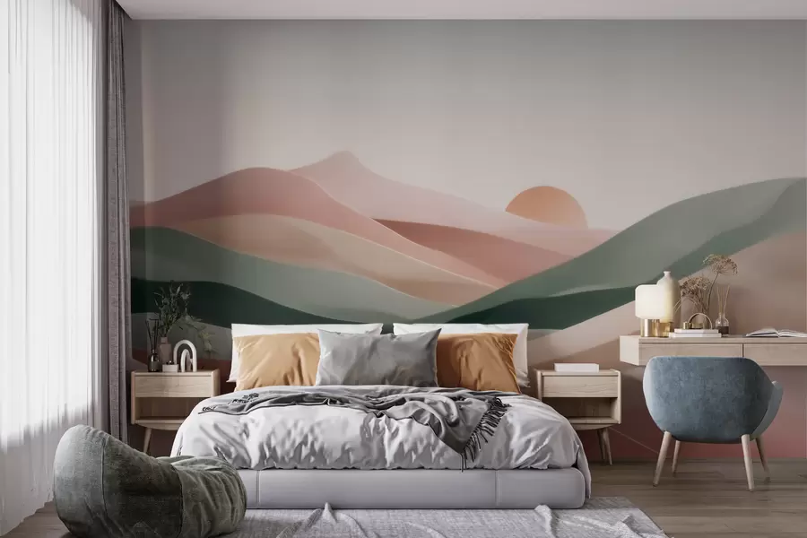 murais de parede Paisagem desértica abstrata numa paleta de tons pastel verde-rosa, minimalismo w09860