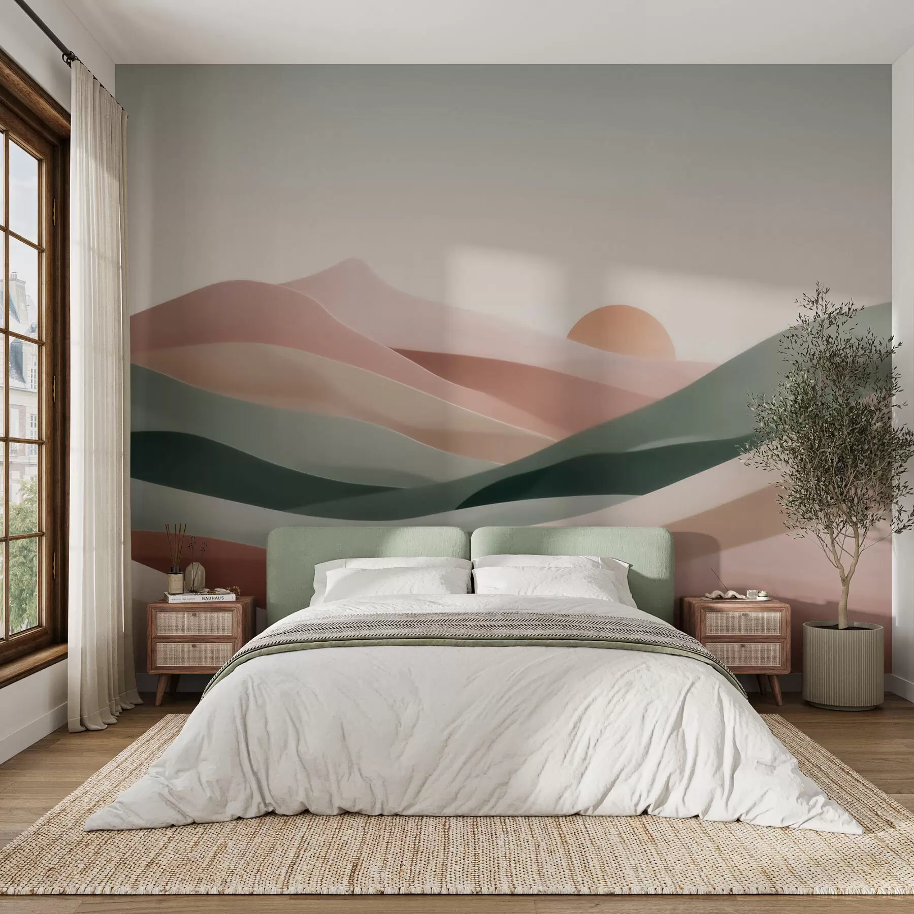 murais de parede Paisagem desértica abstrata numa paleta de tons pastel verde-rosa, minimalismo w09860